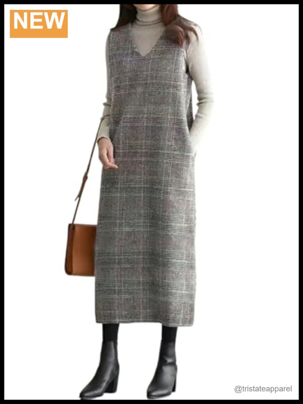 Wool Blend Plaid Overall Midi Tank Dress Sleeveless Business Casual